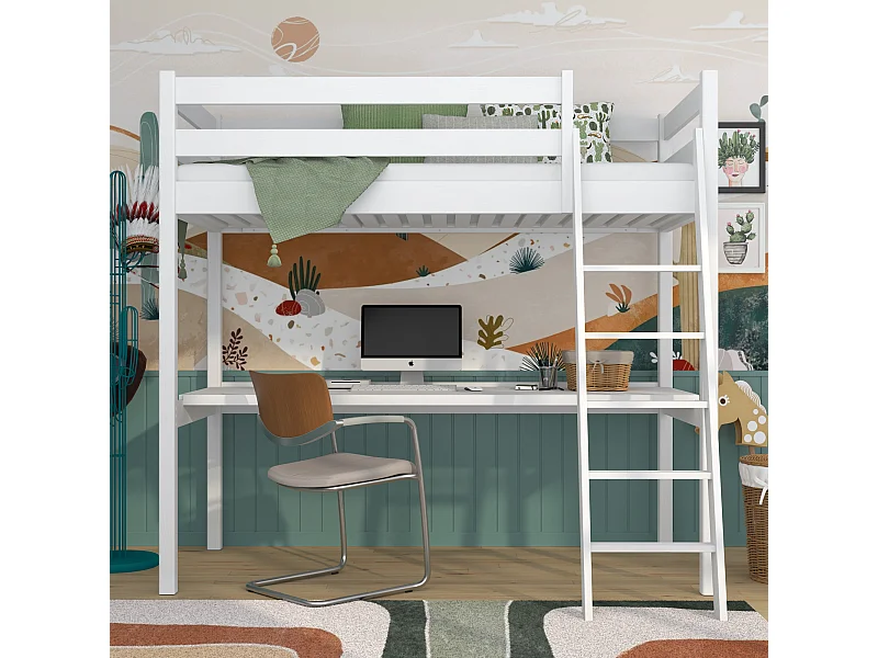 Lit mezzanine en bois - avec bureau N03 Blanc 80x190