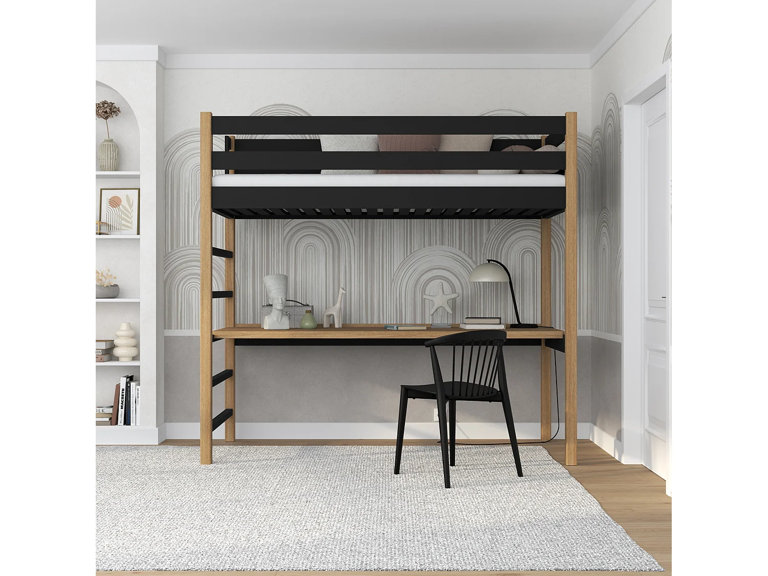 HOCHBETT N01 mit Schreibtisch Schwarz / Eiche Natur 80x190