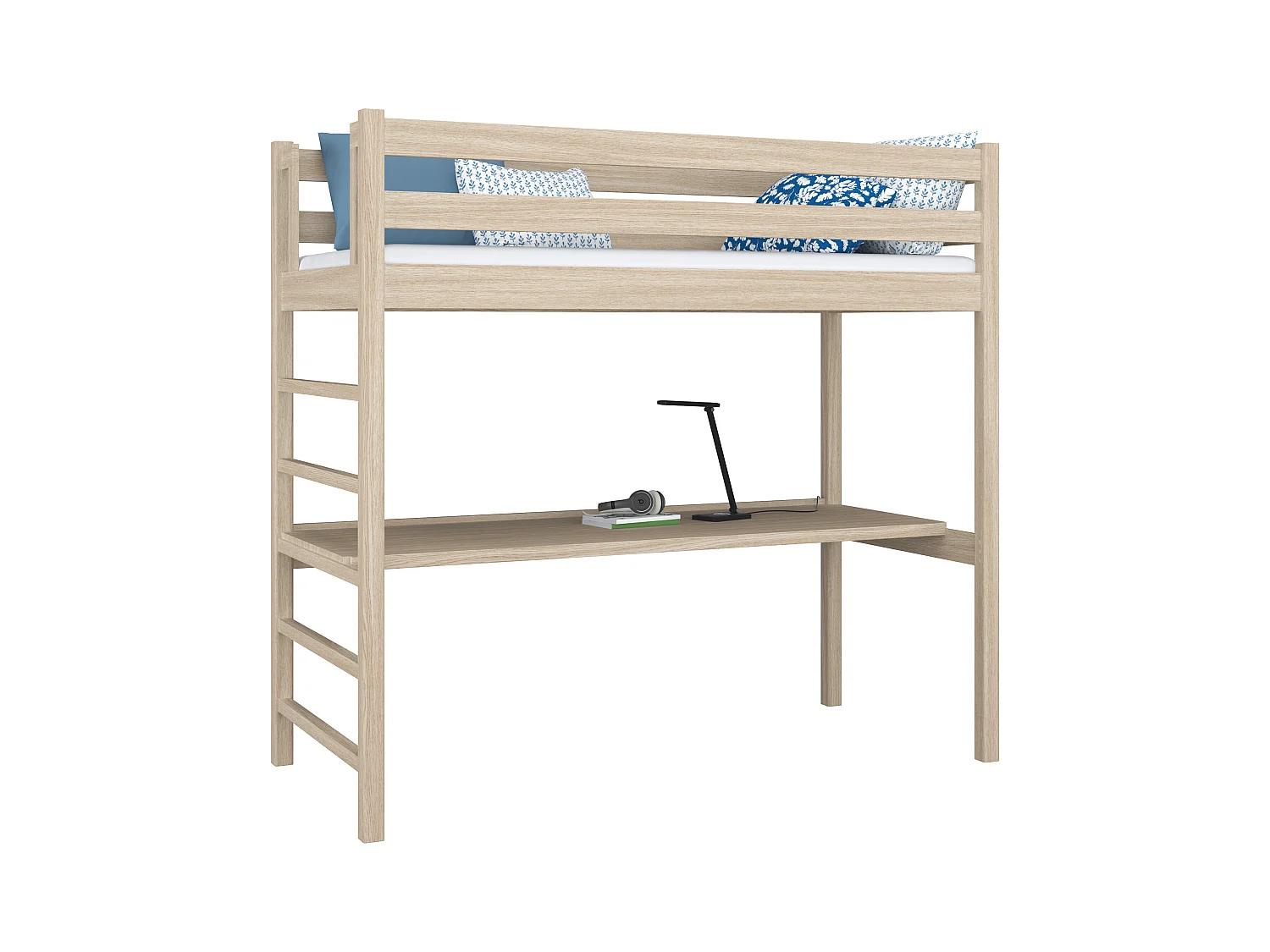 Lit mezzanine en chêne - avec bureau N01 Chêne Blanchi 120x180