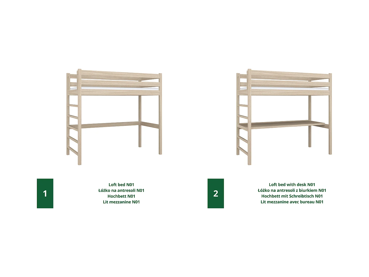 Lit mezzanine en chêne - avec bureau N01 Chêne Blanchi 120x180
