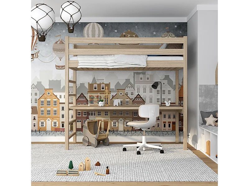 Lit mezzanine en chêne - avec bureau N01 Chêne Blanchi 120x180