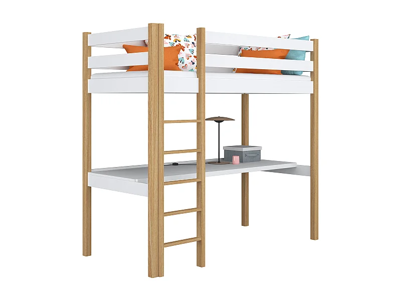 Lit mezzanine en bois - avec bureau N05 Blanc / Chêne Naturel 90x180