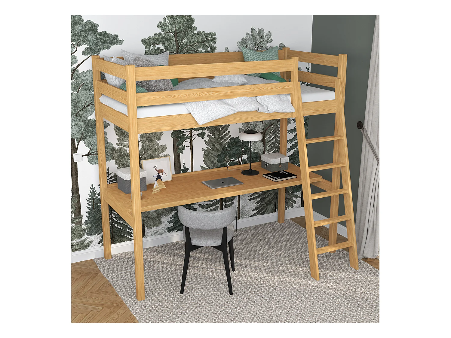 Lit mezzanine en bois - avec bureau N03 Pin Naturel 120x190