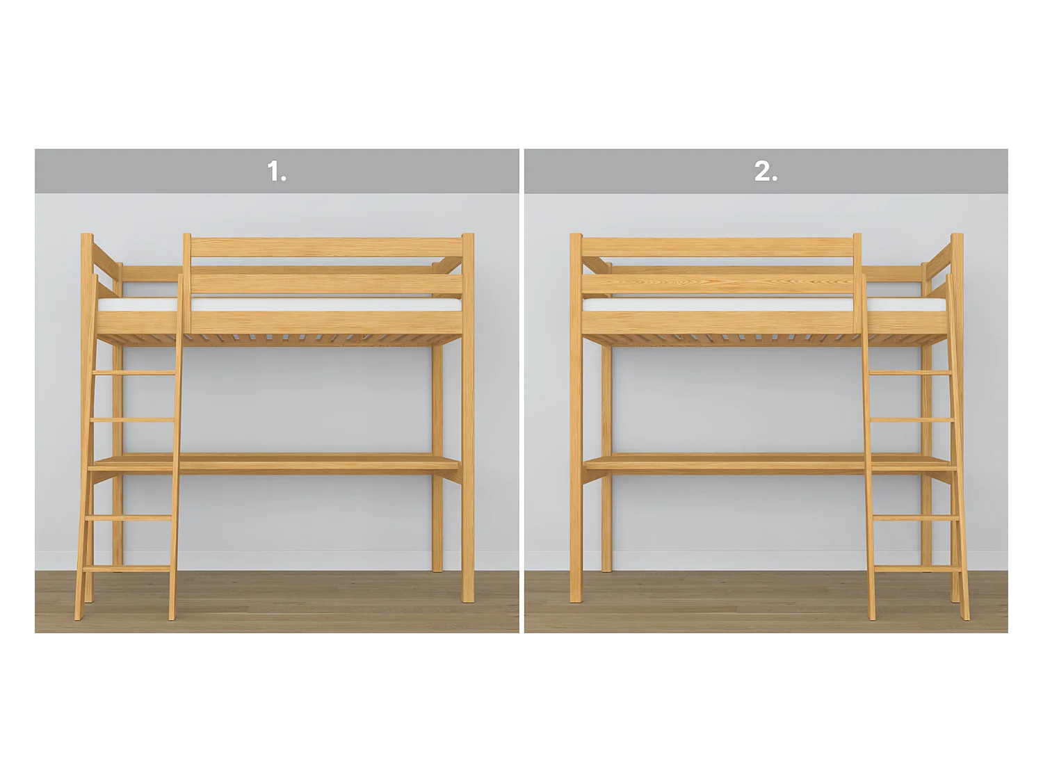 Lit mezzanine en bois - avec bureau N03 Pin Naturel 120x190