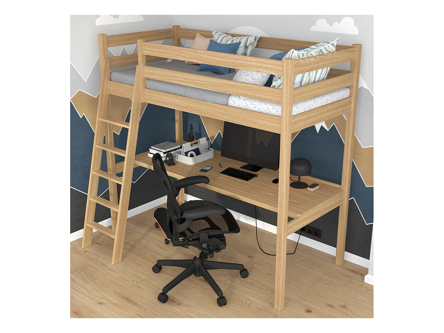 Lit mezzanine en chêne - avec bureau N03 Chêne Naturel 80x180