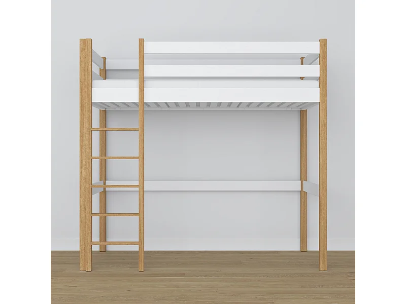 Lit mezzanine en bois N05 Blanc / Chêne Naturel 90x200