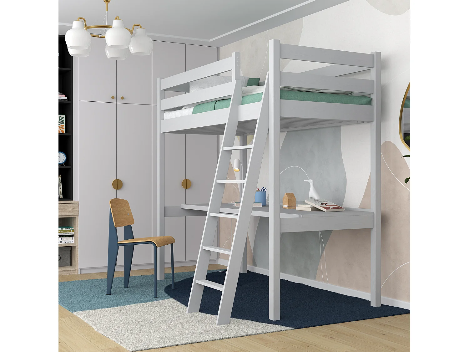 Lit mezzanine en bois - avec bureau N03 Gris 90x180