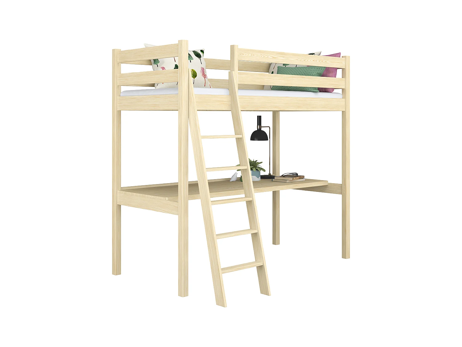 Lit mezzanine en bois - avec bureau N03 Pin Clair 90x180