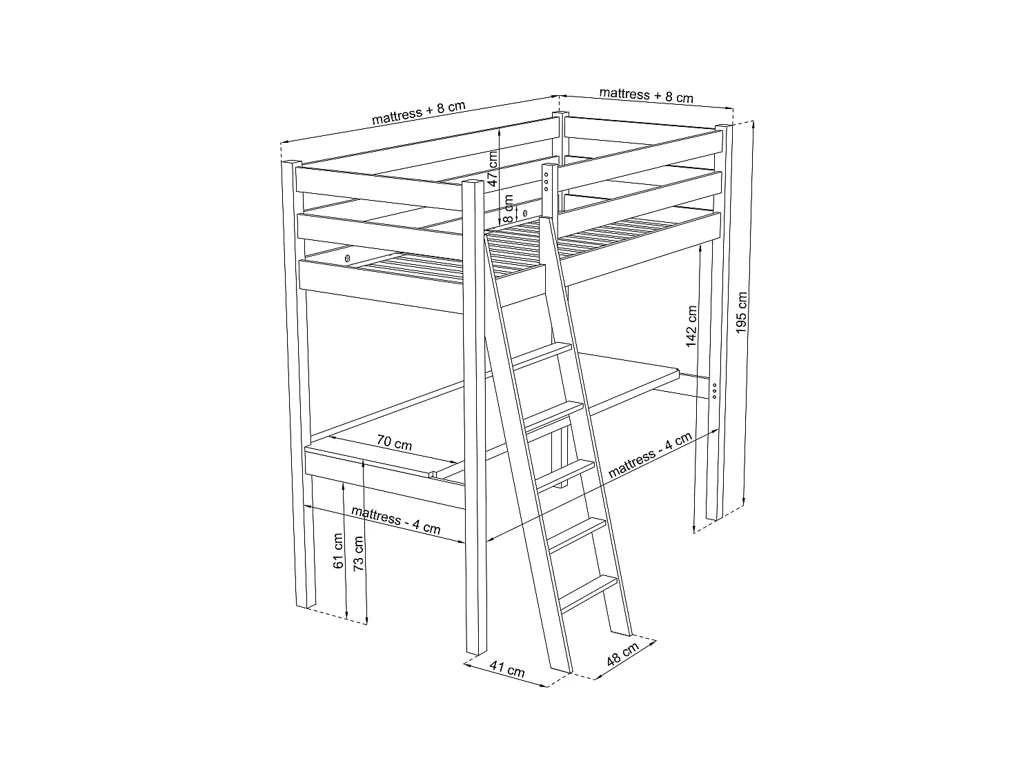 Lit mezzanine en bois - avec bureau N03 Pin Clair 90x180