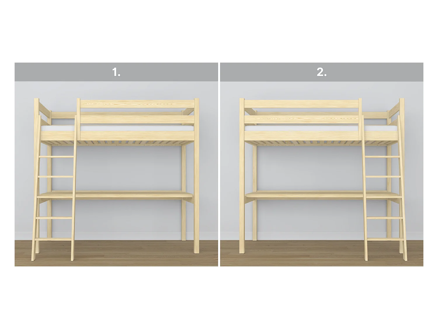 Lit mezzanine en bois - avec bureau N03 Pin Clair 90x180