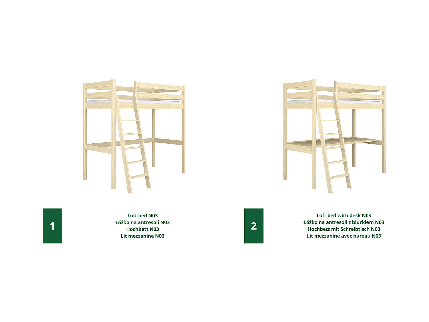 Lit mezzanine en bois - avec bureau N03 Pin Clair 90x180