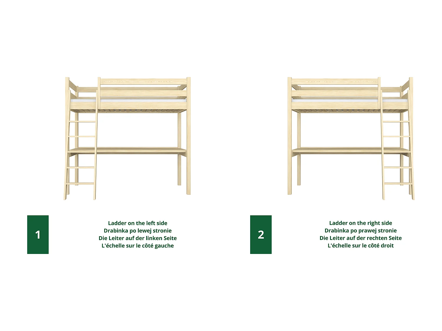 Lit mezzanine en bois - avec bureau N03 Pin Clair 90x180