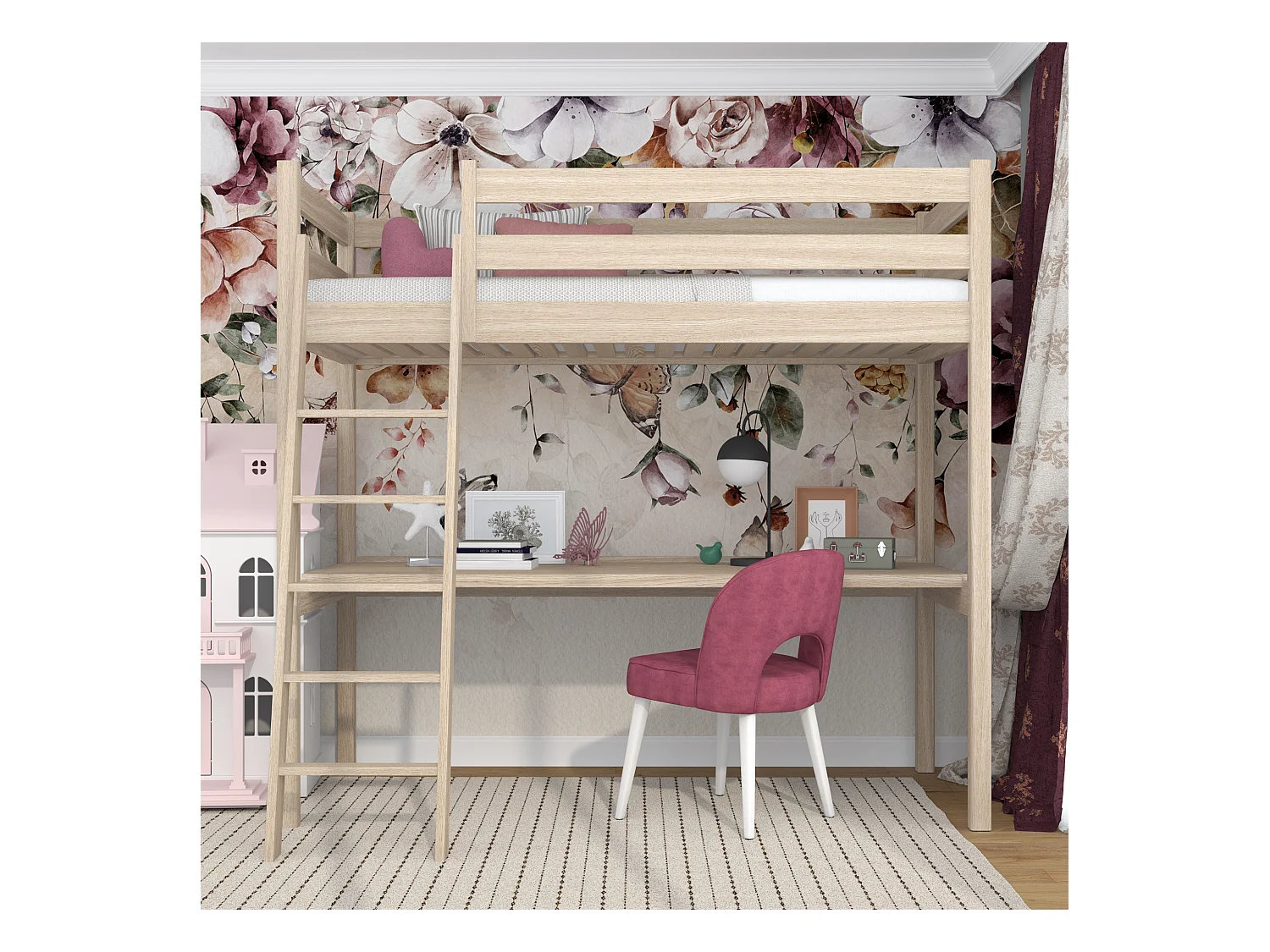 Lit mezzanine en chêne - avec bureau N03 Chêne Blanchi 90x180