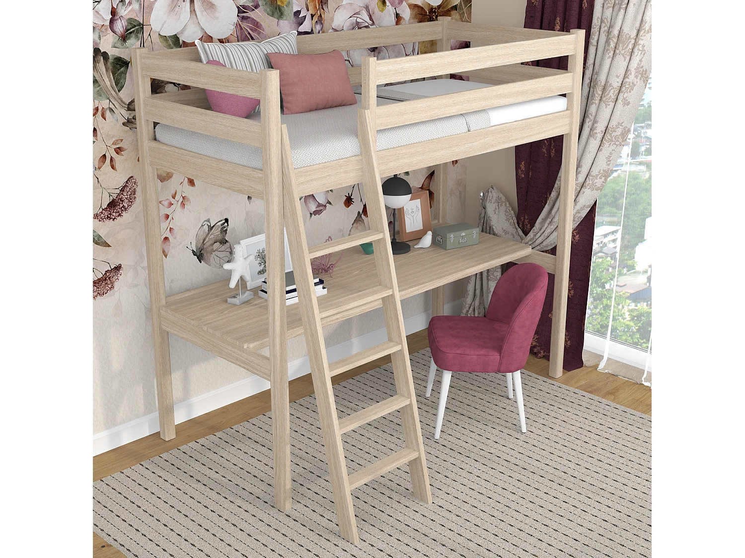 Lit mezzanine en chêne - avec bureau N03 Chêne Blanchi 90x180