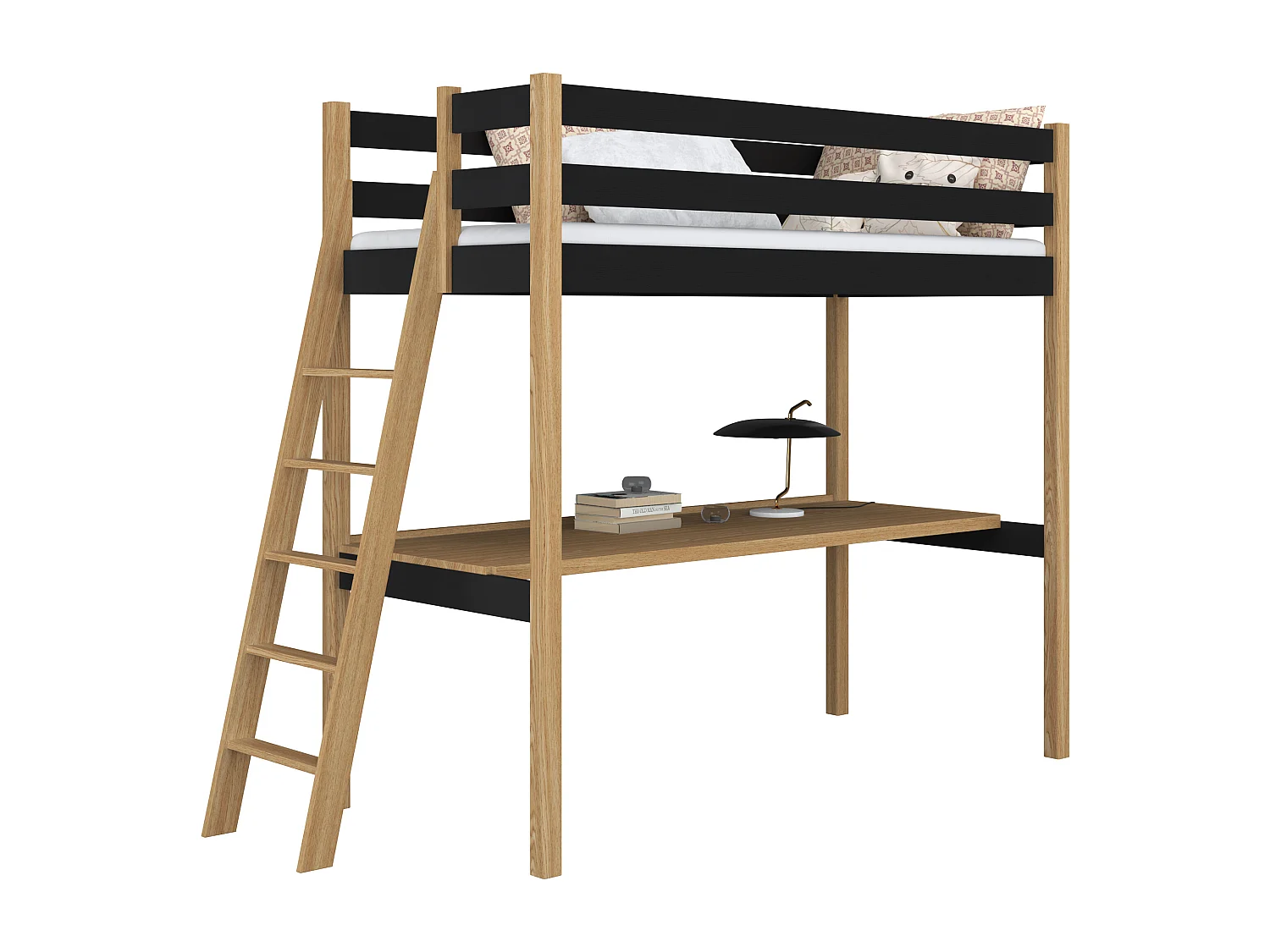 Lit mezzanine en bois - avec bureau N02 Noir / Chêne Naturel 90x200