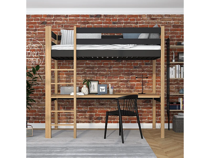 Lit mezzanine en bois - avec bureau N05 Noir / Chêne Naturel 120x180