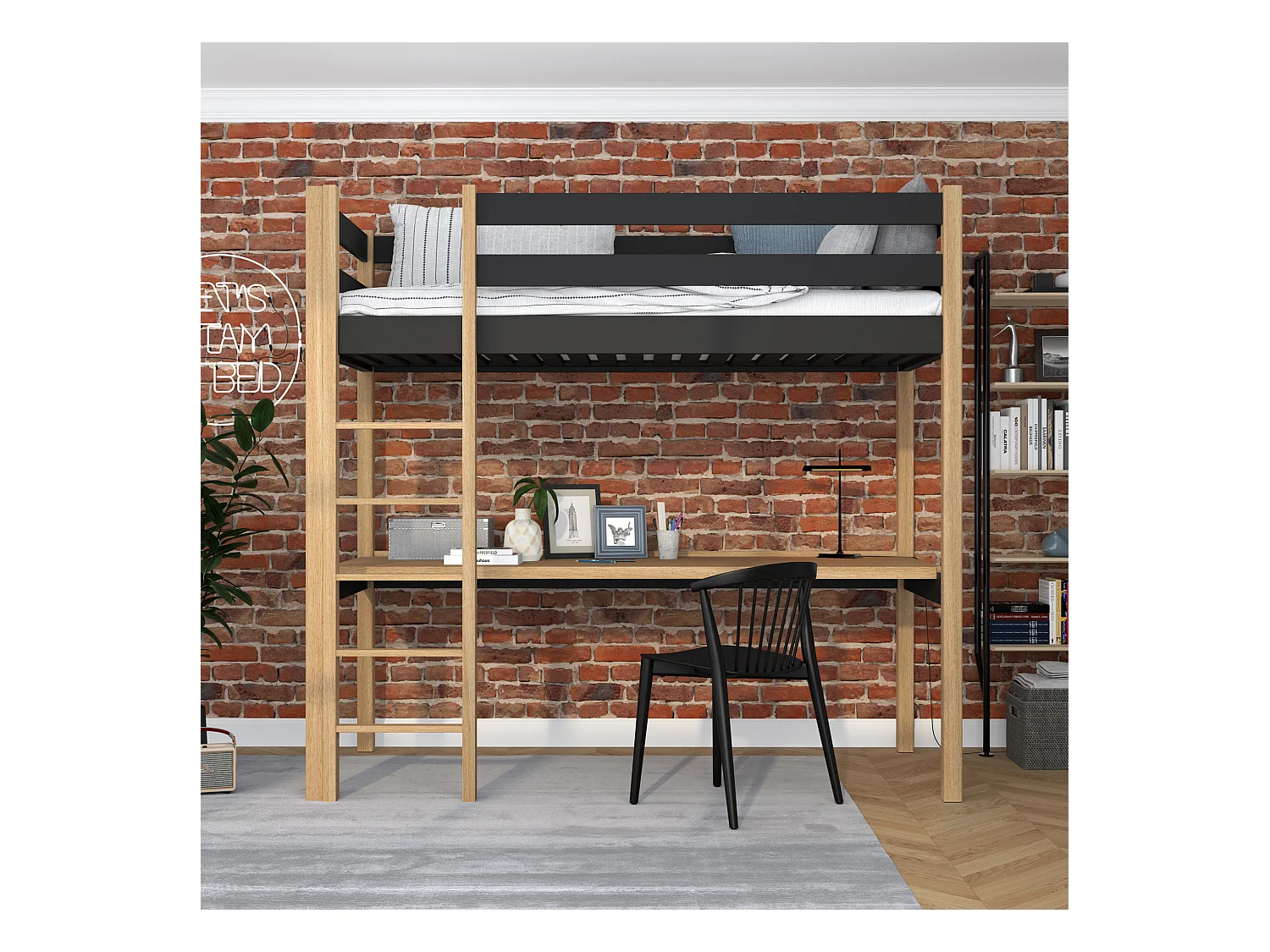HOCHBETT N05 mit Schreibtisch Schwarz / Eiche Natur 120x180