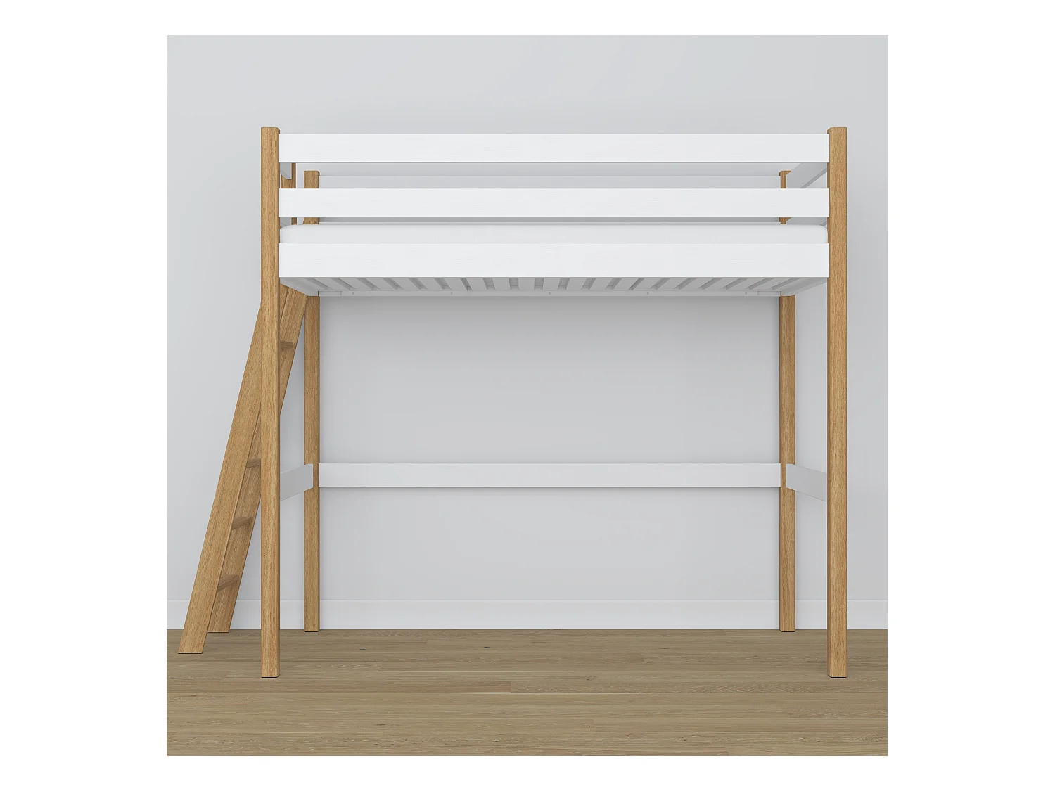 Lit mezzanine en bois N02 Blanc / Chêne Naturel 90x190