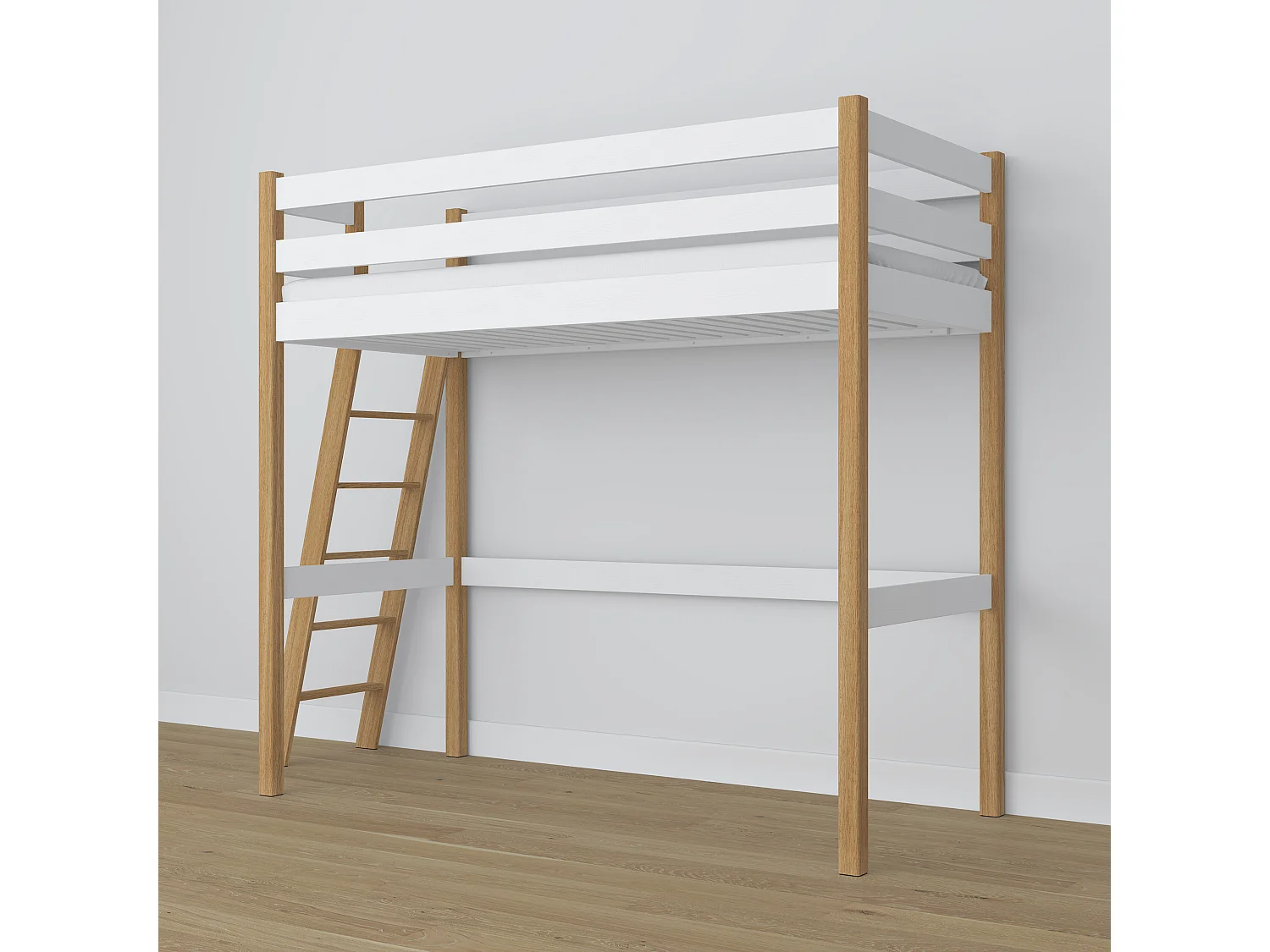 Lit mezzanine en bois N02 Blanc / Chêne Naturel 90x190