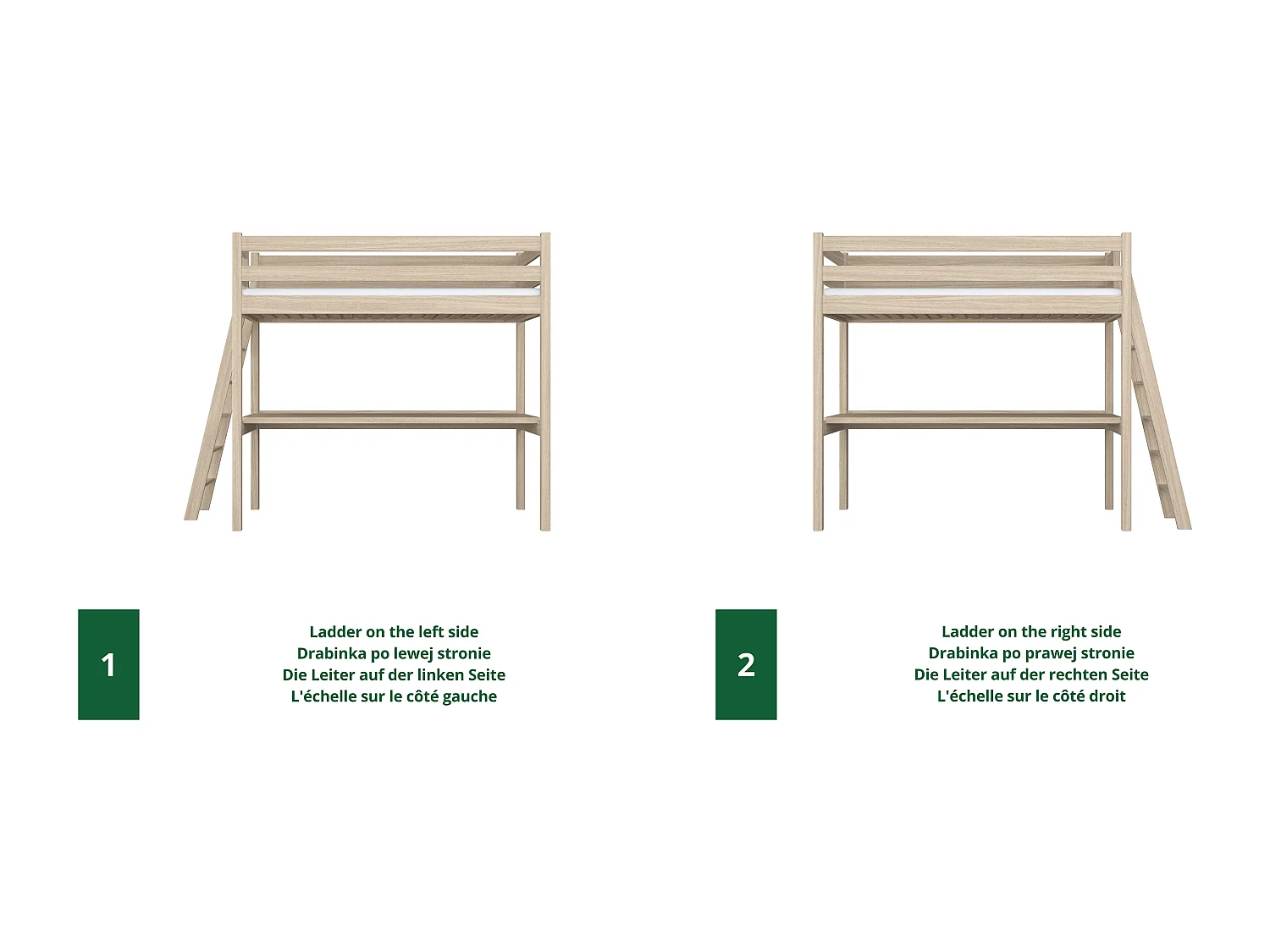 Lit mezzanine en chêne - avec bureau N02 Chêne Blanchi 80x190