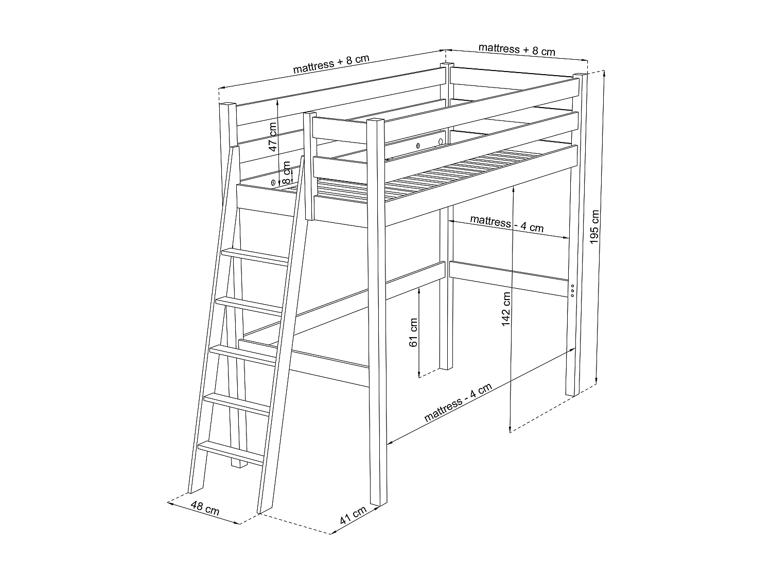 Lit mezzanine en bois N02 Blanc / Chêne Naturel 120x190