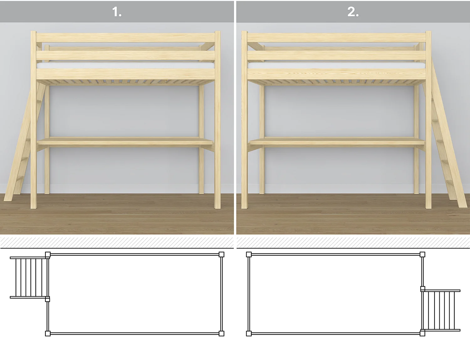 Lit mezzanine en bois - avec bureau N02 Pin Clair 80x200