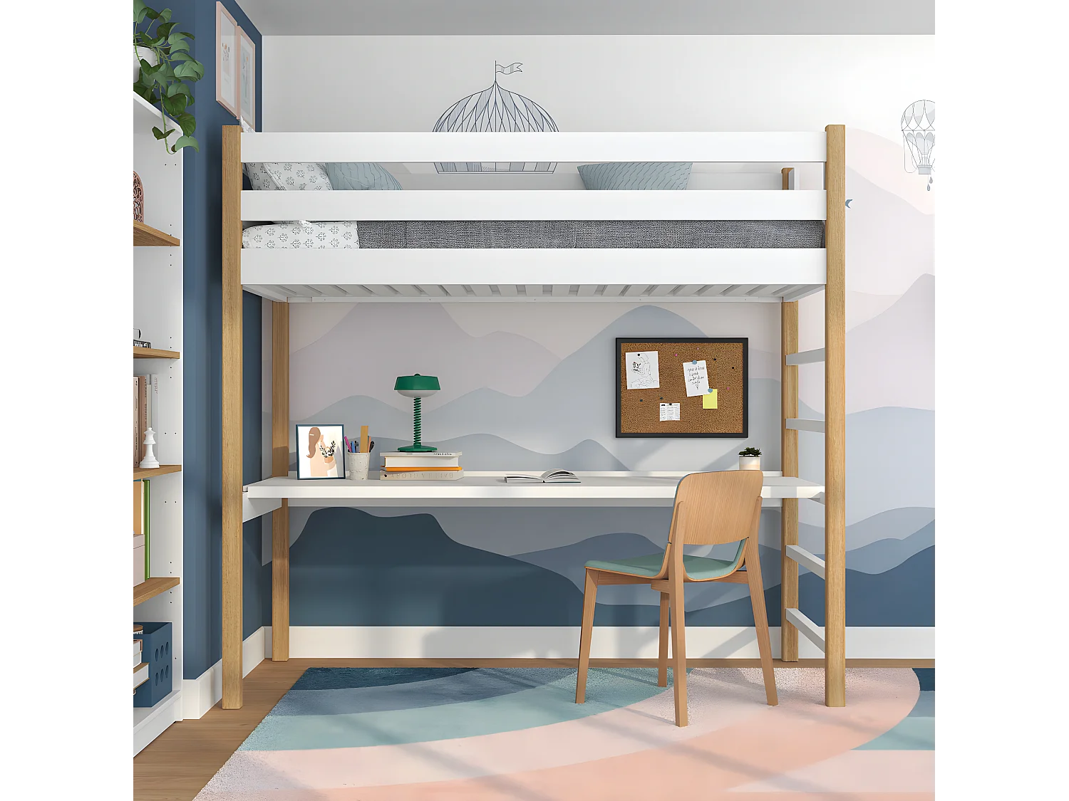 Lit mezzanine en bois - avec bureau N01 Blanc / Chêne Naturel 80x190