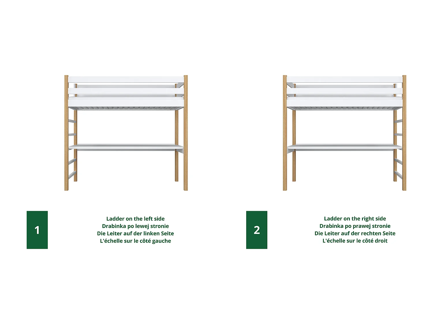 Lit mezzanine en bois - avec bureau N01 Blanc / Chêne Naturel 80x180