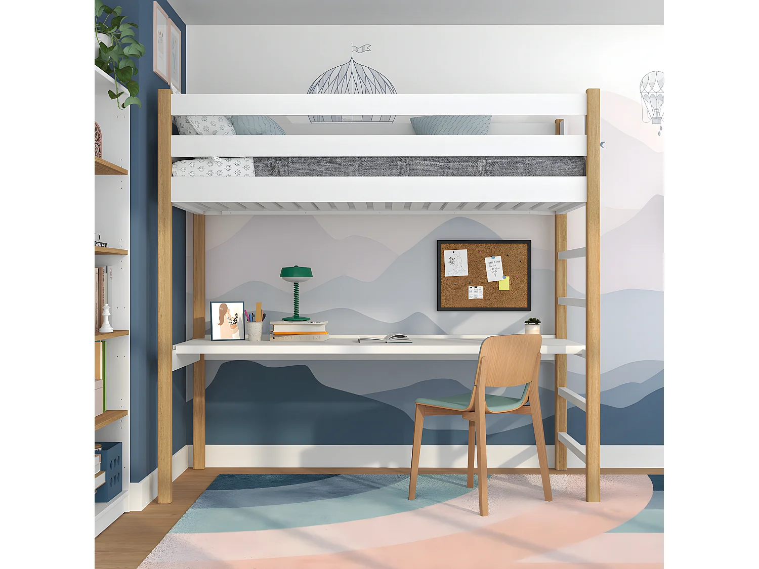 Lit mezzanine en bois - avec bureau N01 Blanc / Chêne Naturel 120x180