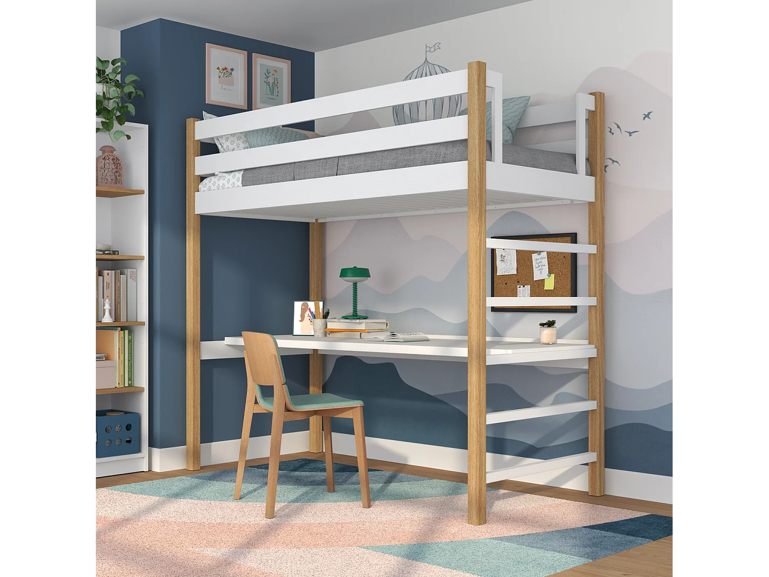 Lit mezzanine en bois - avec bureau N01 Blanc / Chêne Naturel 120x180