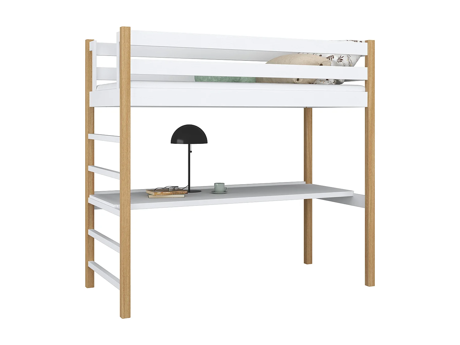 Lit mezzanine en bois - avec bureau N01 Blanc / Chêne Naturel 120x180