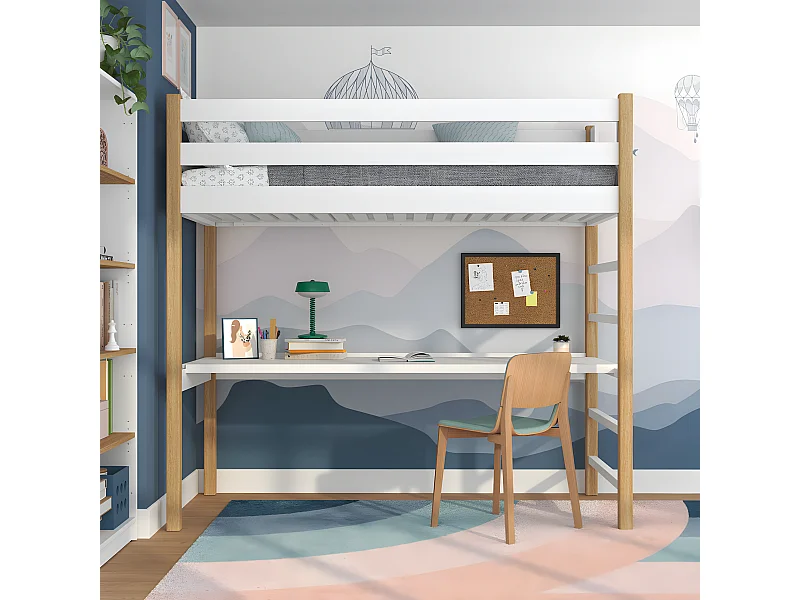 Lit mezzanine en bois - avec bureau N01 Blanc / Chêne Naturel 120x180