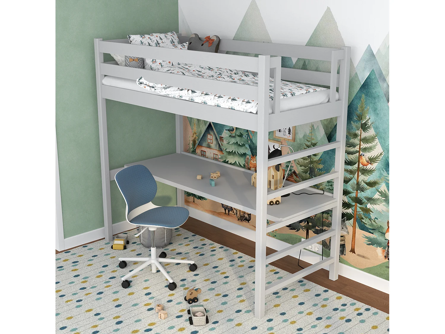 Lit mezzanine en bois - avec bureau N01 Gris 100x190
