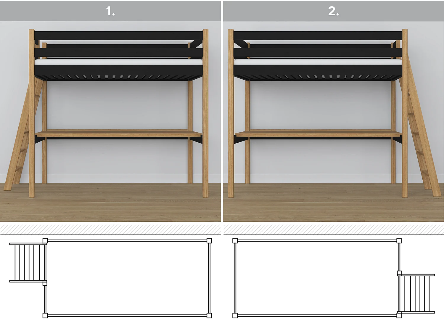 Lit mezzanine en bois - avec bureau N02 Noir / Chêne Naturel 100x180