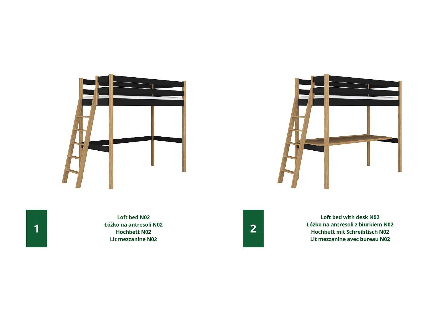 Lit mezzanine en bois - avec bureau N02 Noir / Chêne Naturel 100x180