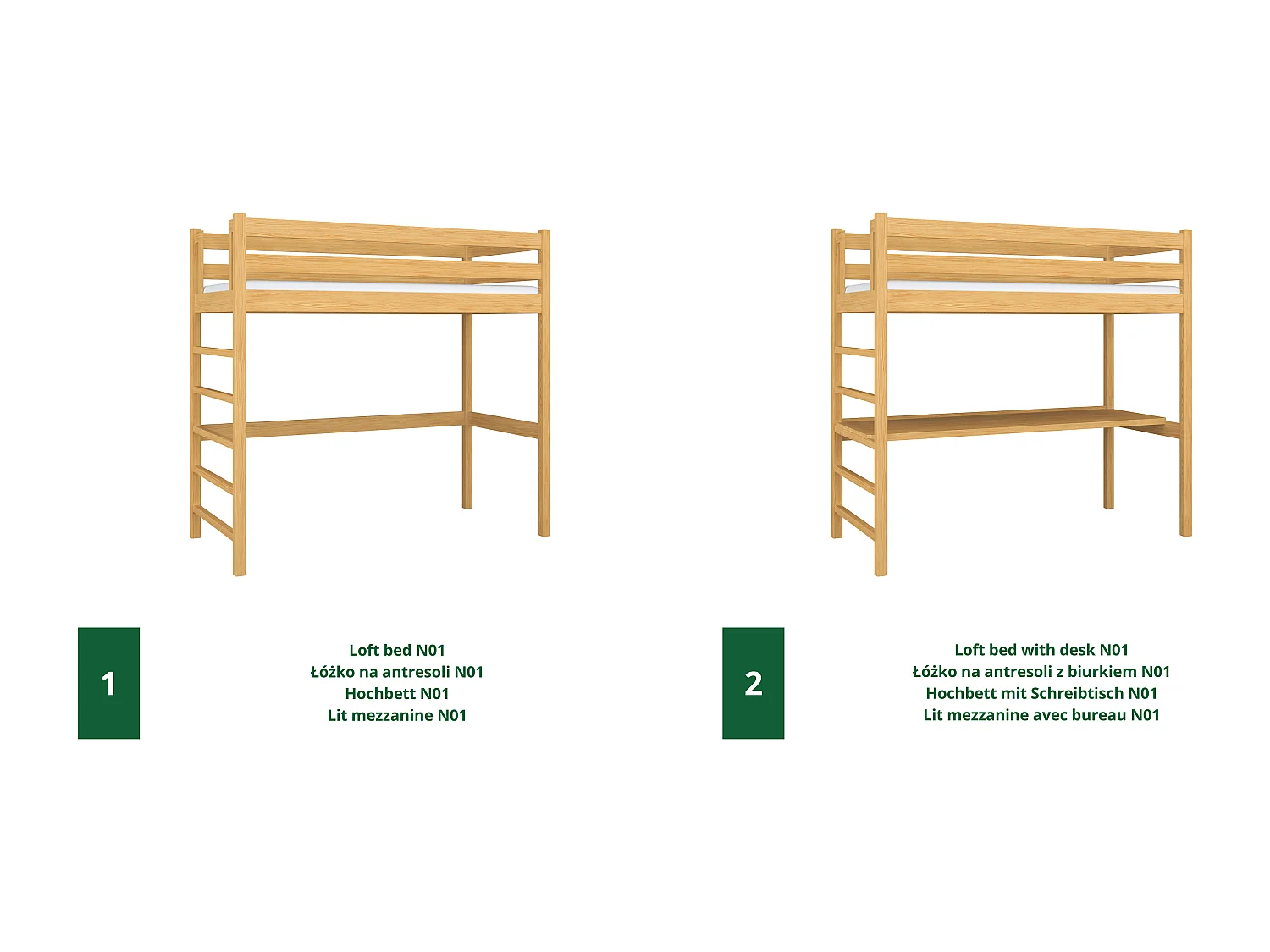 Lit mezzanine en bois - avec bureau N01 Pin Naturel 80x190