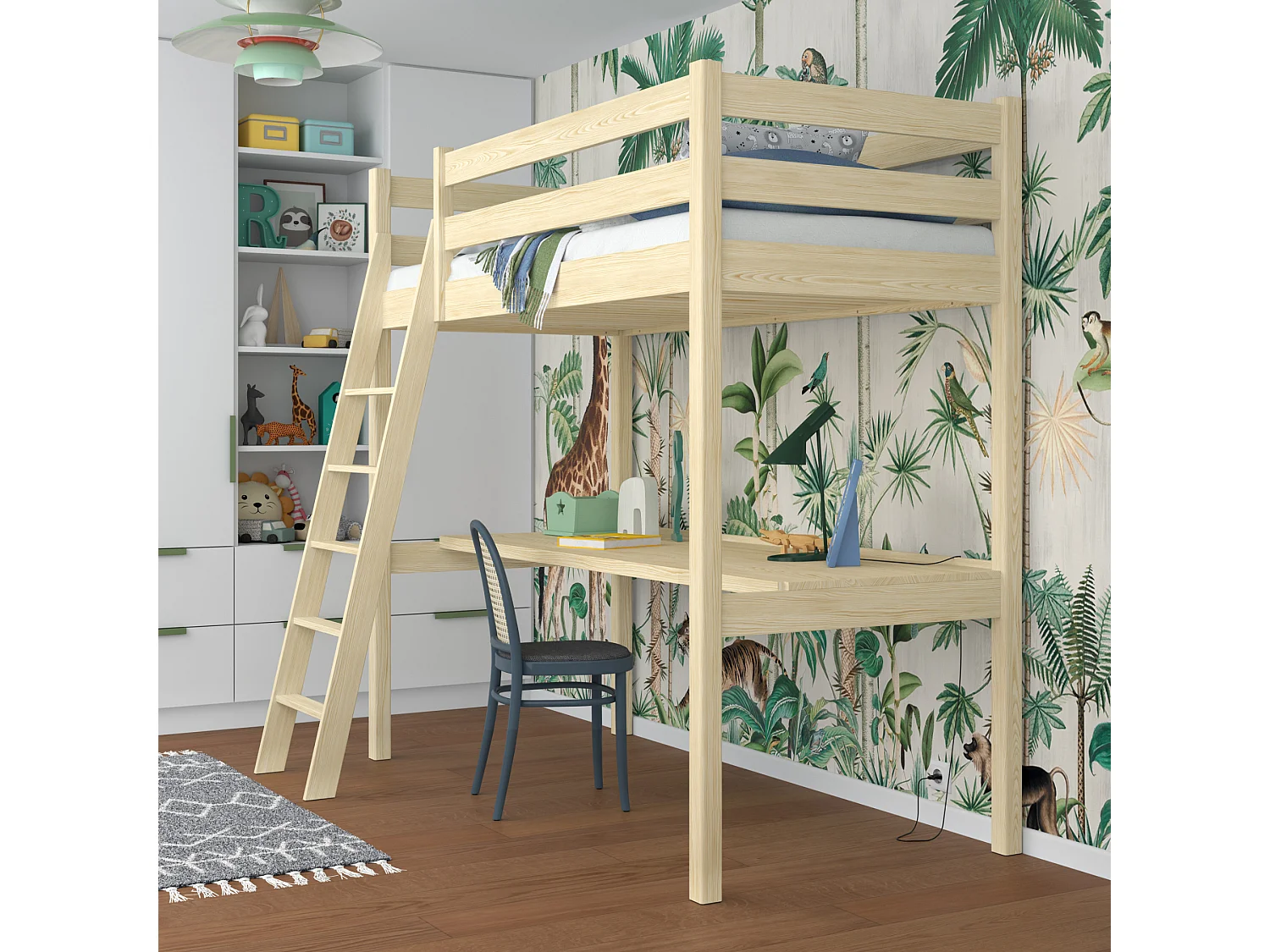 Lit mezzanine en bois - avec bureau N03 Pin Clair 120x180