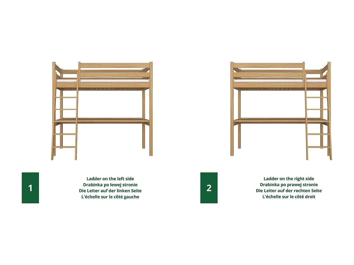 Lit mezzanine en chêne - avec bureau N03 Chêne Naturel 100x190