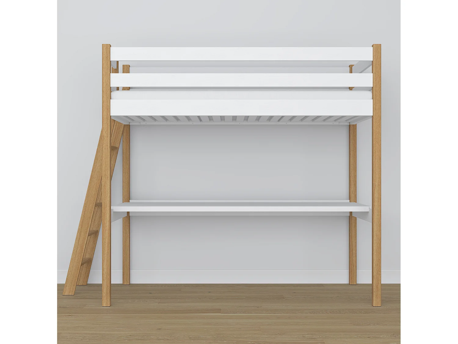 Lit mezzanine en bois - avec bureau N02 Blanc / Chêne Naturel 90x180