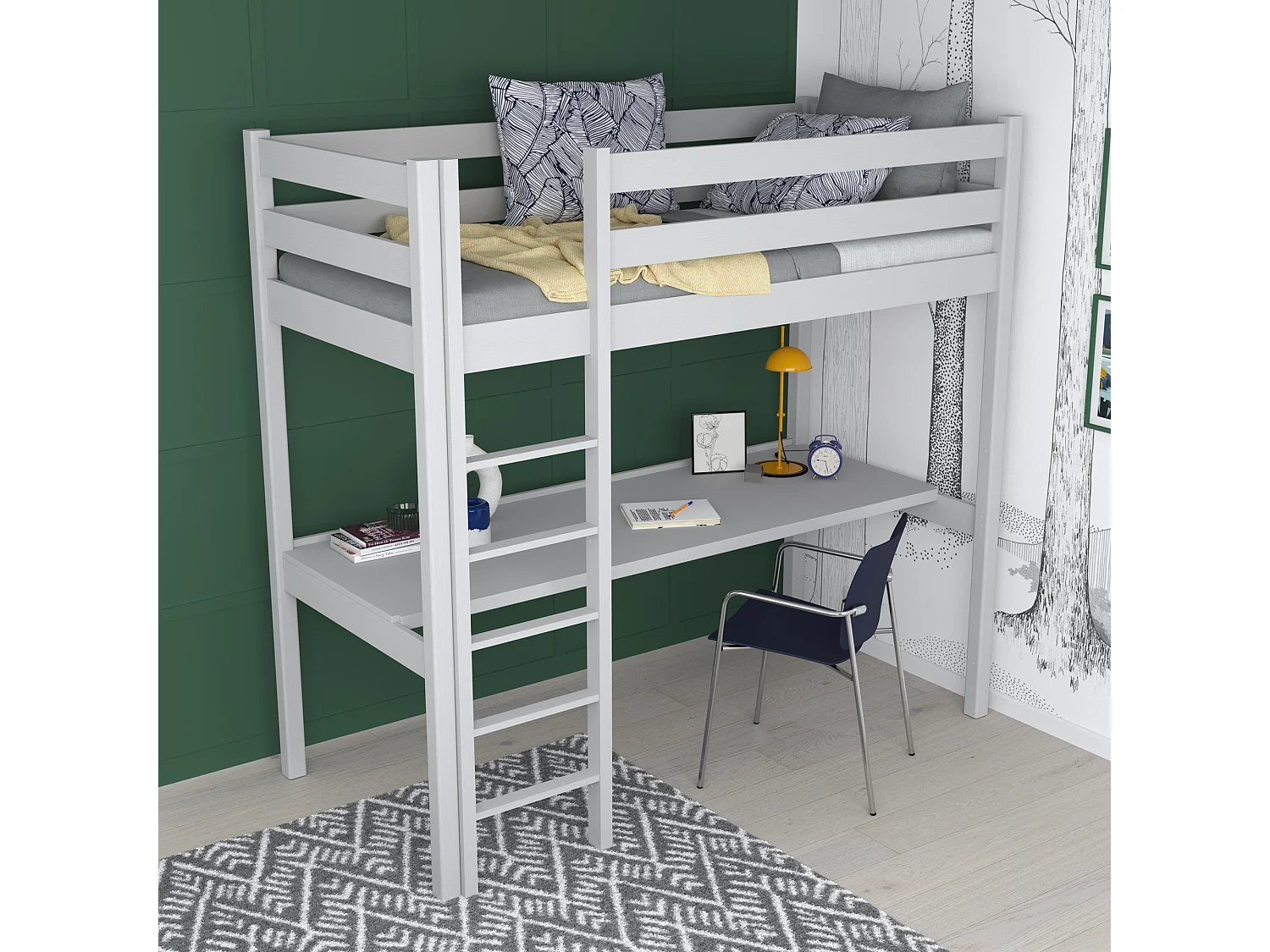 Lit mezzanine en bois - avec bureau N05 Gris 90x180