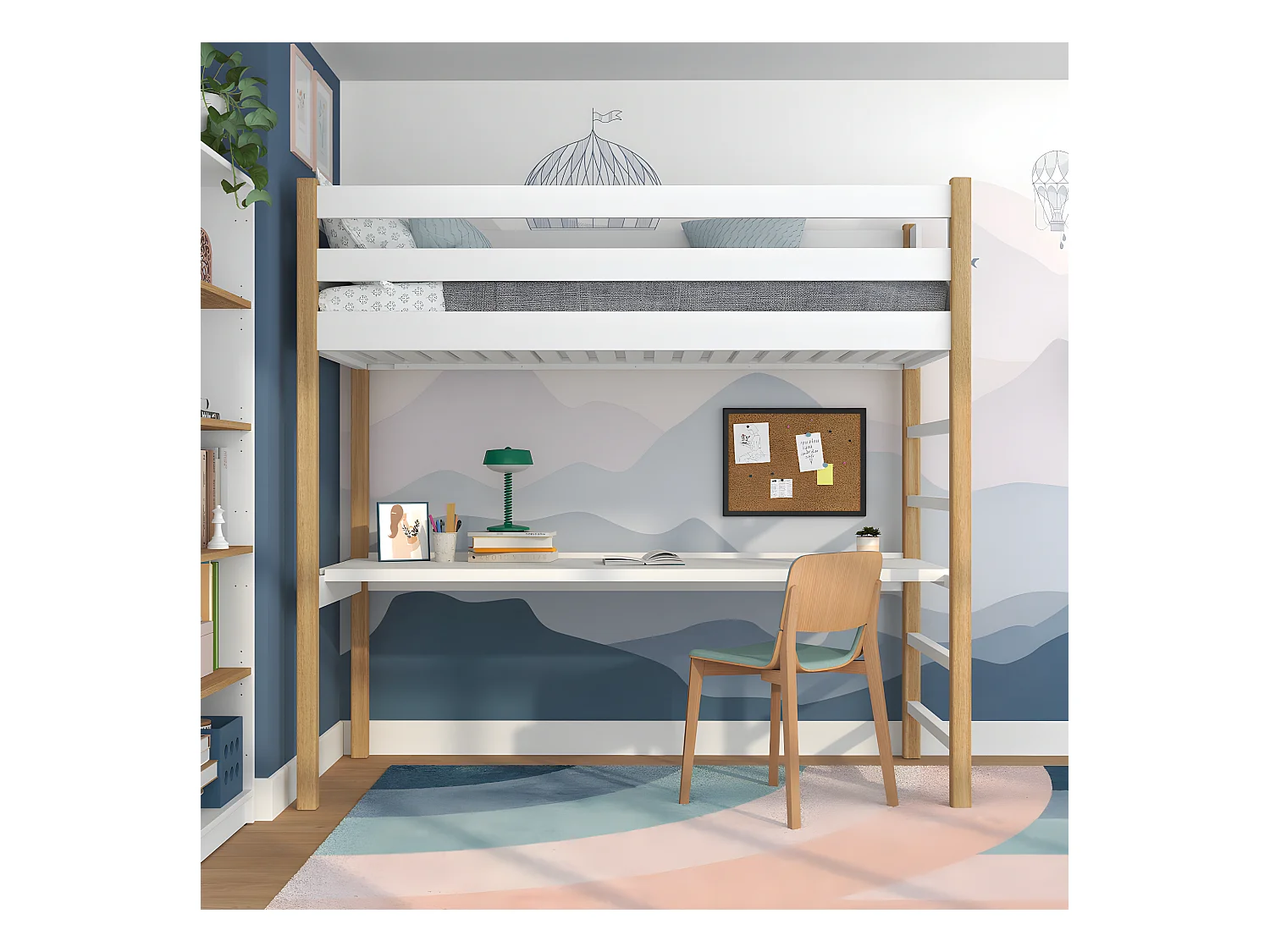 HOCHBETT N01 mit Schreibtisch Weiß / Eiche Natur 100x190