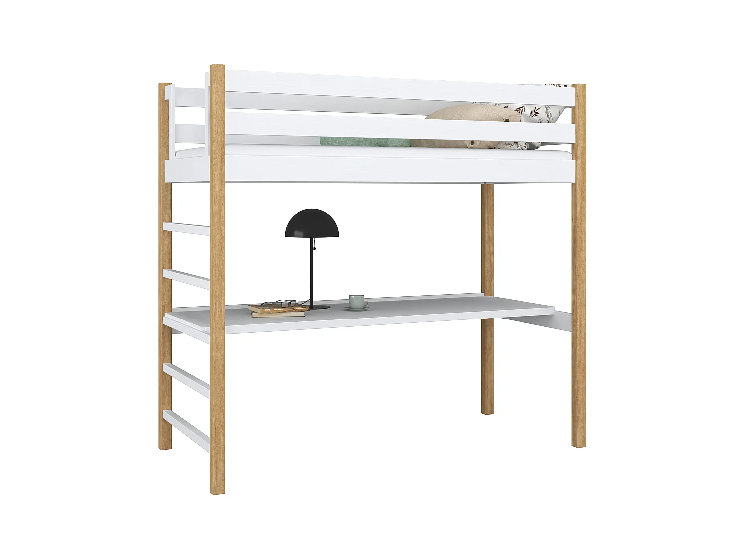 Lit mezzanine en bois - avec bureau N01 Blanc / Chêne Naturel 100x190