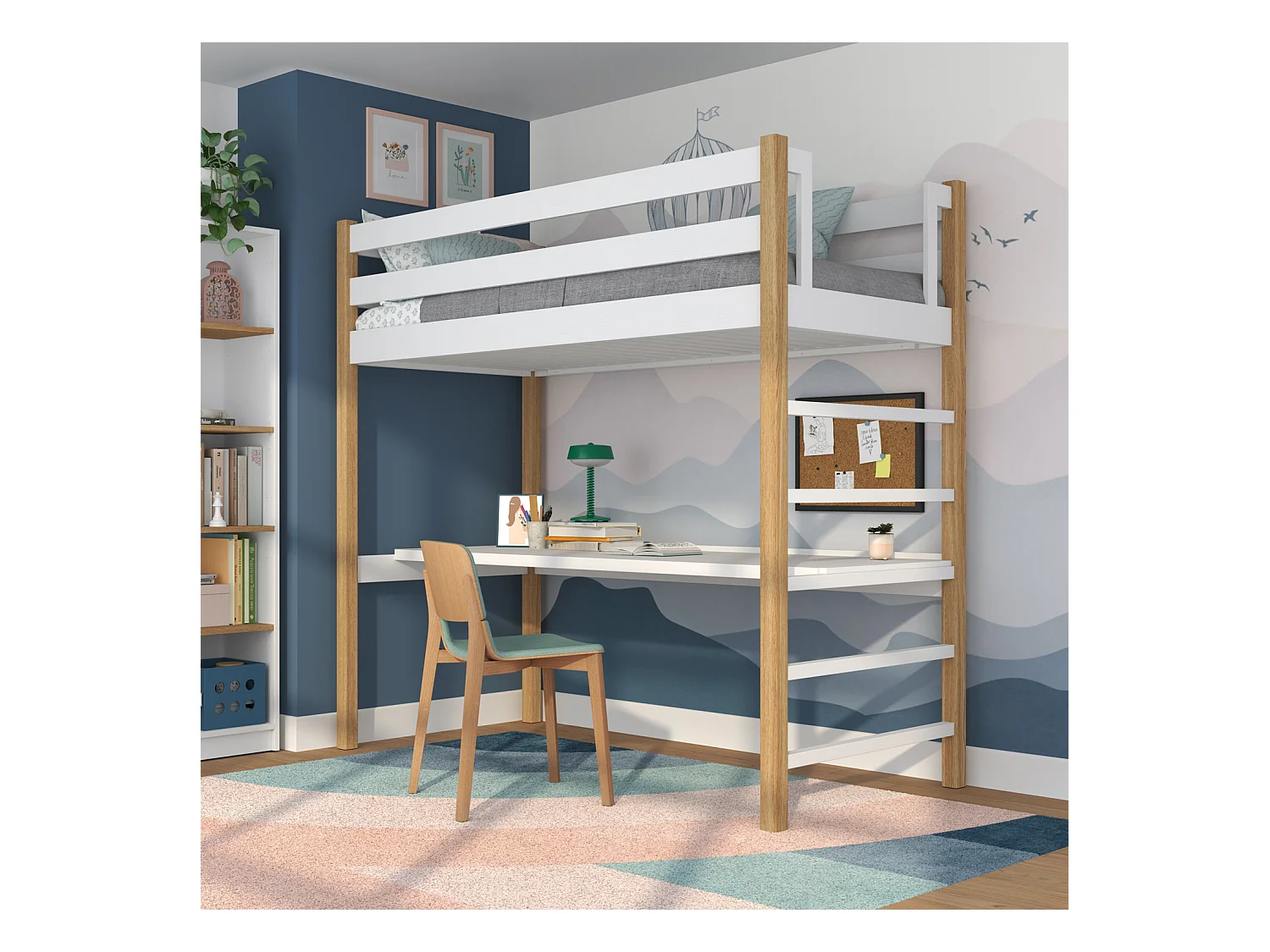 Lit mezzanine en bois - avec bureau N01 Blanc / Chêne Naturel 100x190