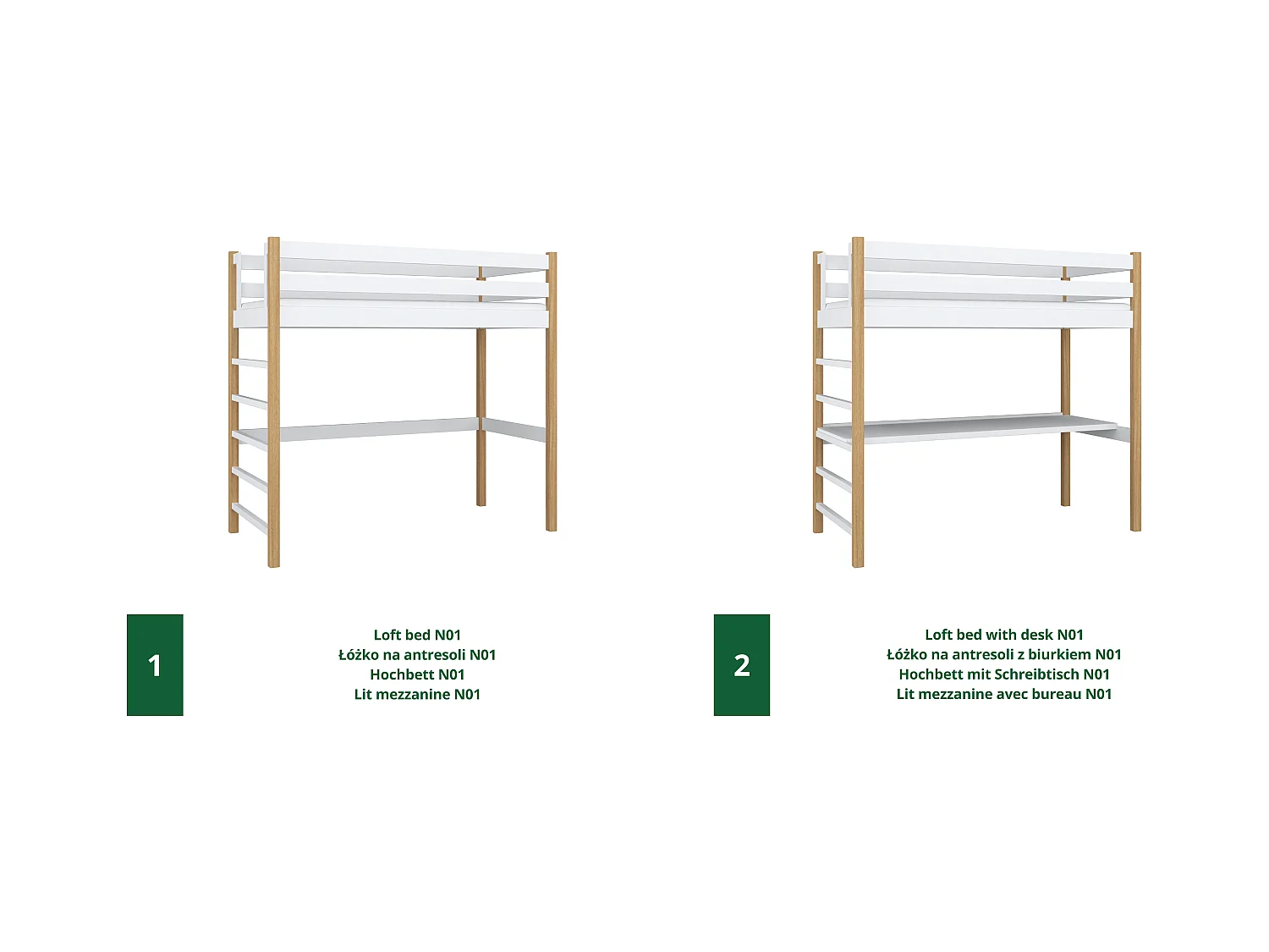 Lit mezzanine en bois - avec bureau N01 Blanc / Chêne Naturel 100x190
