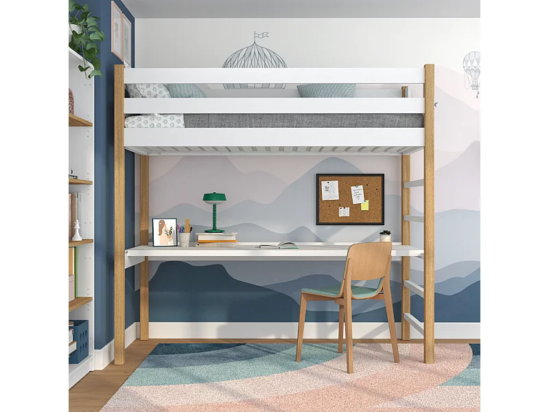 Lit mezzanine en bois - avec bureau N01 Blanc / Chêne Naturel 100x190