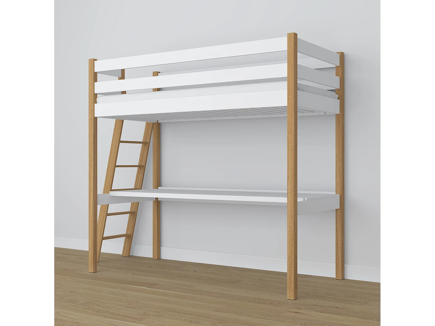 Lit mezzanine en bois - avec bureau N02 Blanc / Chêne Naturel 120x200