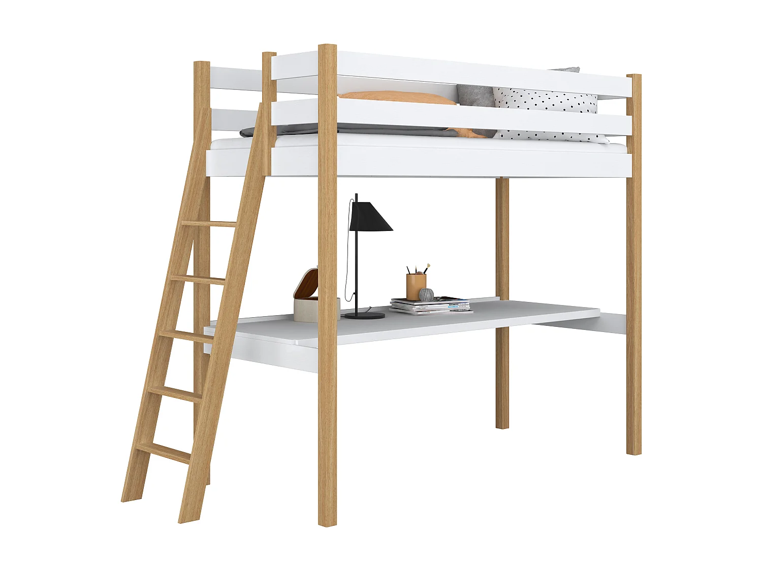 Lit mezzanine en bois - avec bureau N02 Blanc / Chêne Naturel 120x200