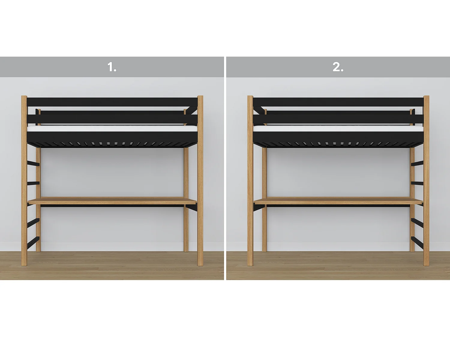 HOCHBETT N01 mit Schreibtisch Schwarz / Eiche Natur 90x180