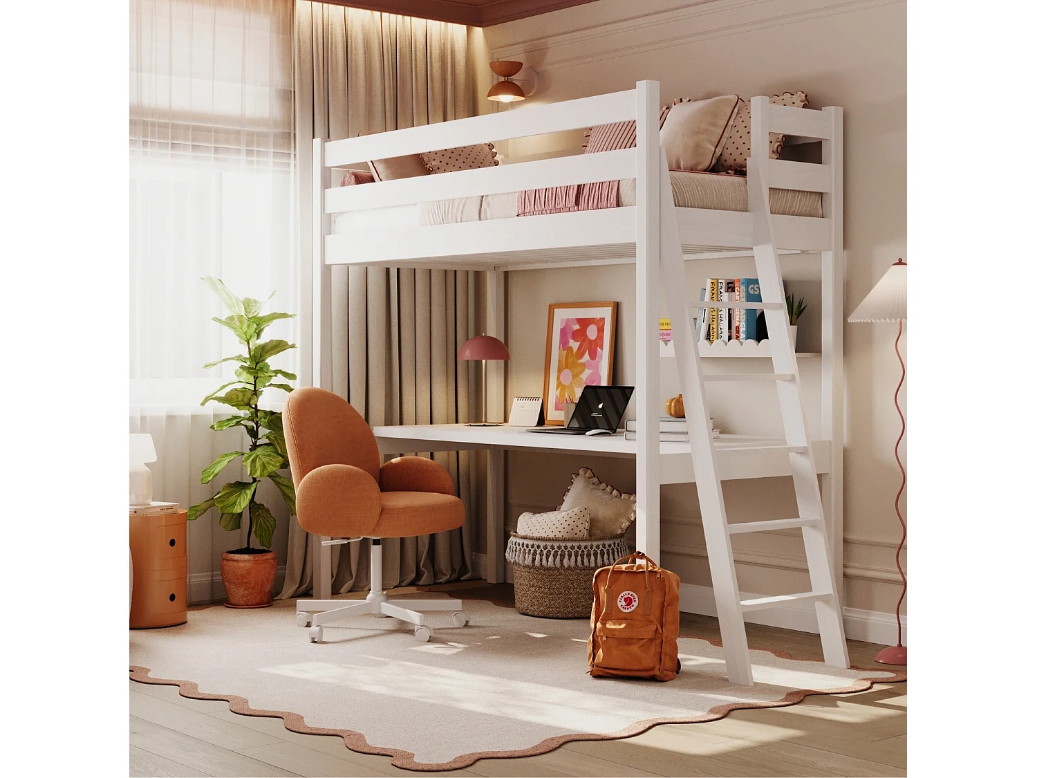 Lit mezzanine en bois - avec bureau N02 Blanc 100x180