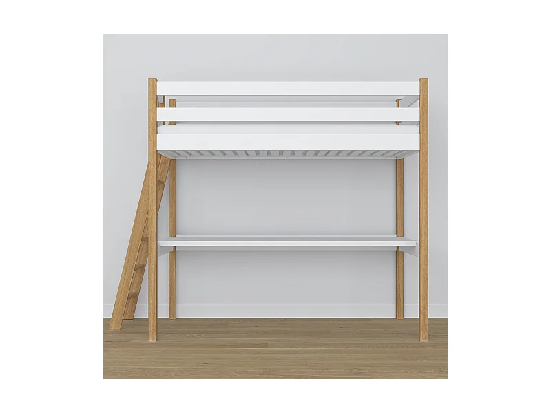 Lit mezzanine en bois - avec bureau N02 Blanc / Chêne Naturel 80x190